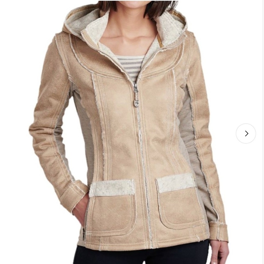 KUHL Dani Sherpa Fleece Faux Suede Full Zip Hooded Jacket SzL Outdoors Gorpcore
